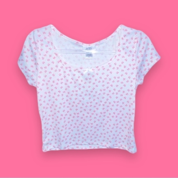 NWT Just Polly Novelty Print Dainty Pink Bow Coquette Crop Top Size XL - Picture 1 of 5